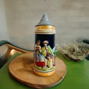 Vintage German Beer Stein Tankard 0.5L Ceramic Mug with Silver Lid Hand Painted